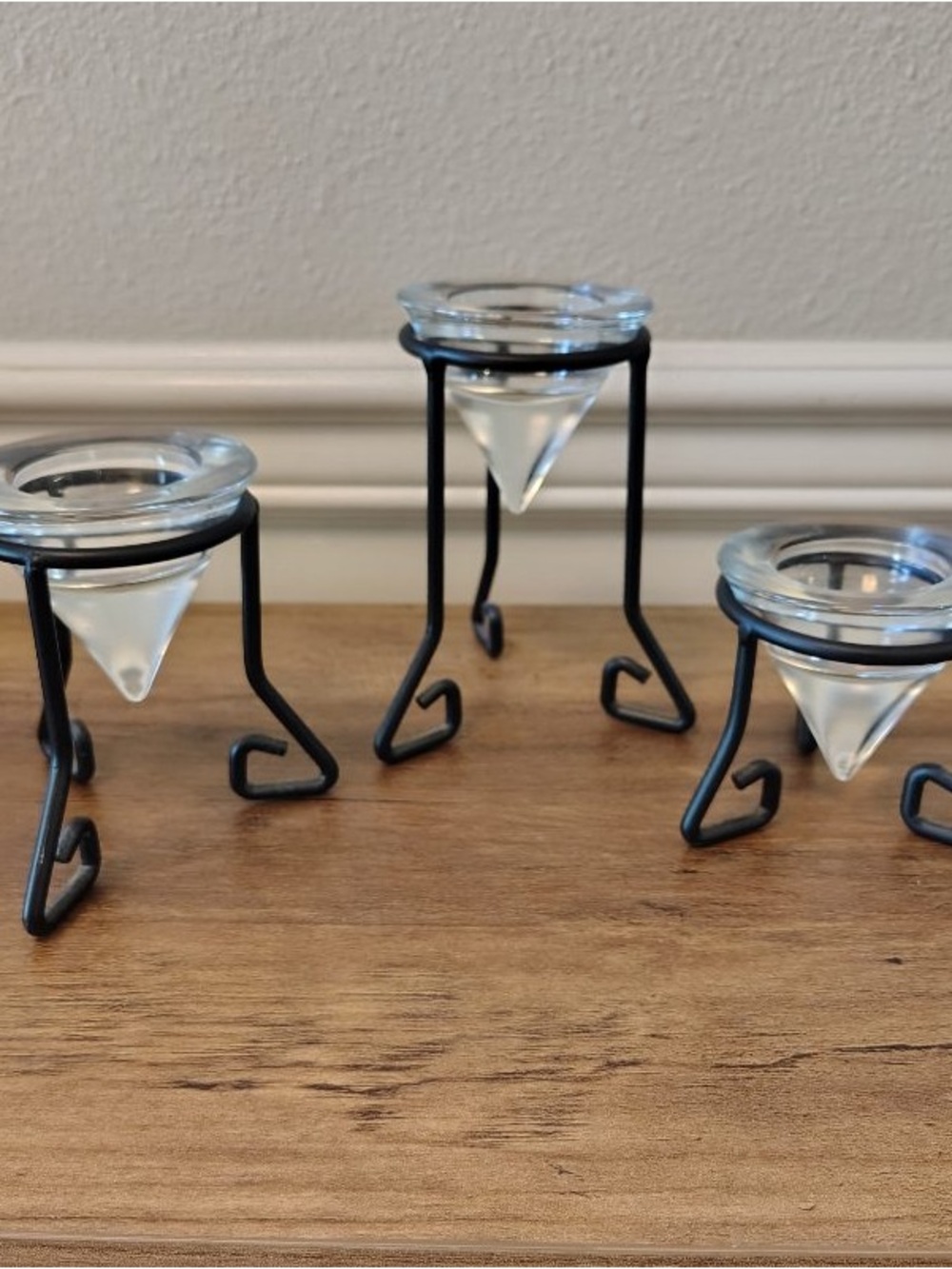Vtg MCM Wrought Iron Glass Tea light Holders Set of 3 Cone Glass Votives